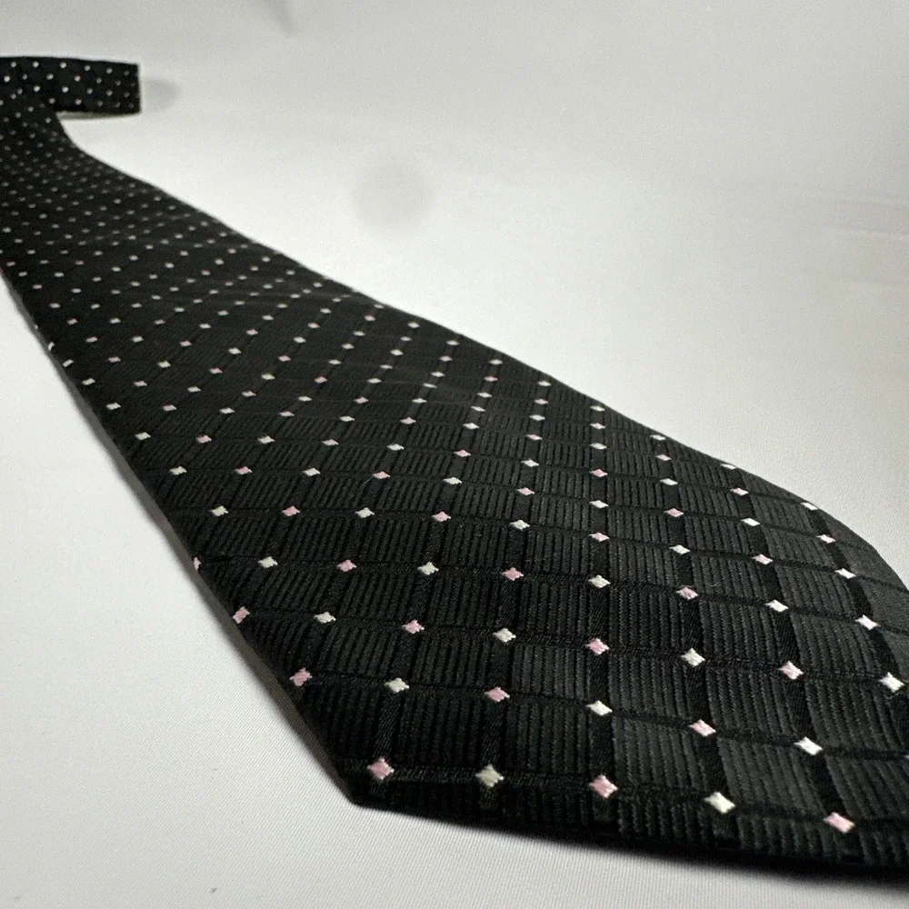 Nautica Black Geometric Silk Tie Pink White Dot Old Money Executive Preppy
